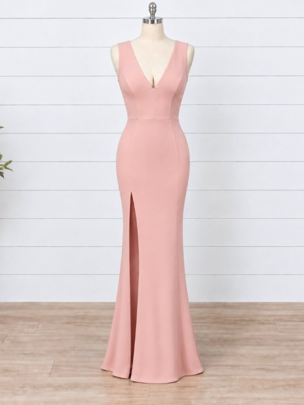 DRESS THE POPULATION Sandra Plunge Crepe Trumpet Gown Dress Sz L $198 Blush NWT